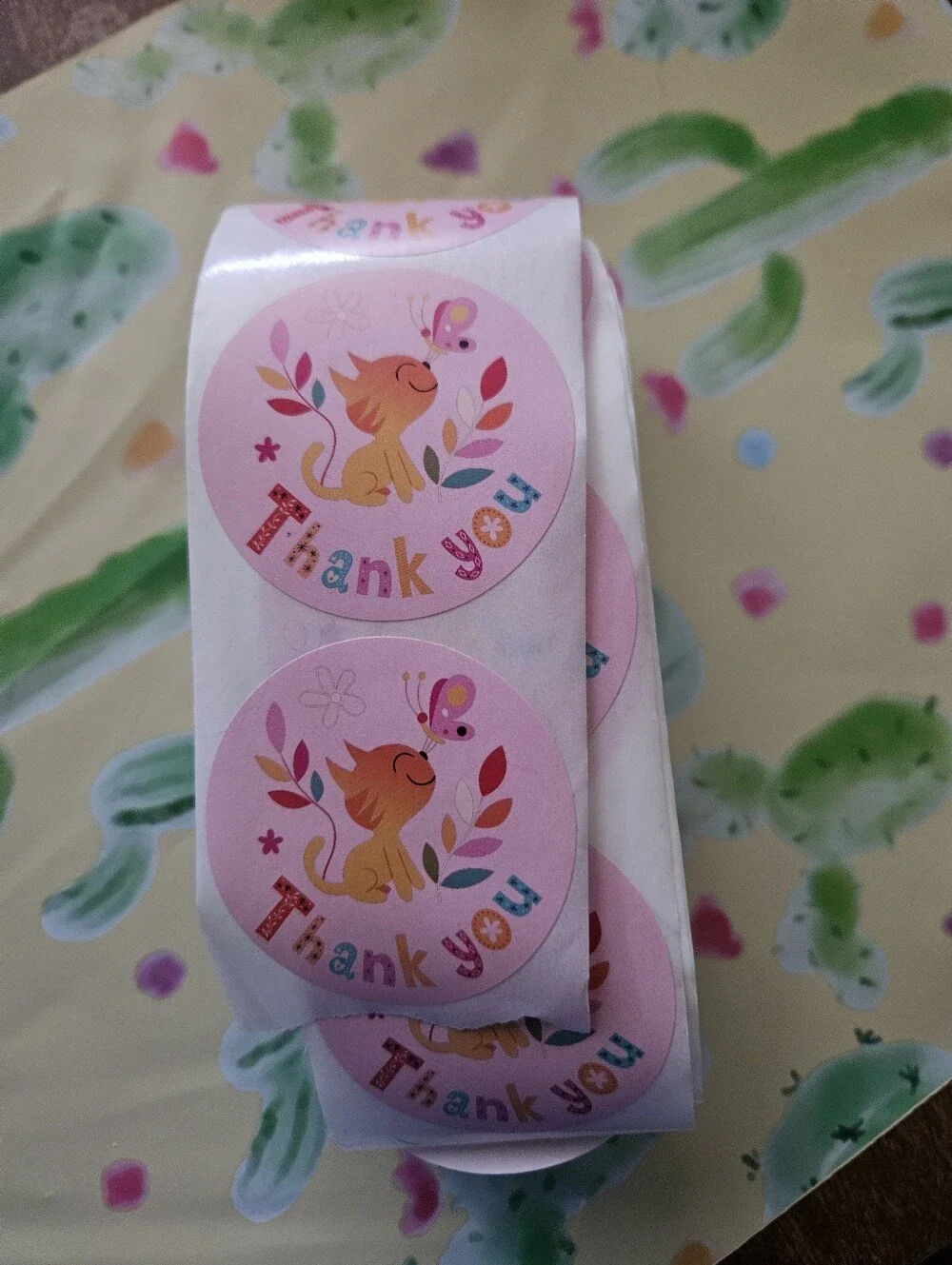 Thank You Pink Stickers - Cute Cat & Butterfly Design